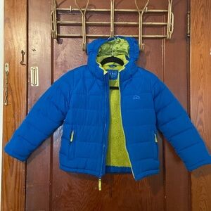 Kids S 8 
LL Bean winter down tek, blue and green zip up jacket with hood
